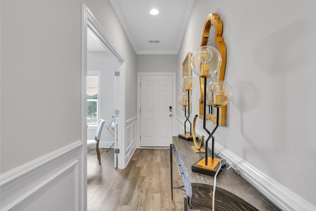 1034 Silverbend Trl, Duncan, SC 29334 - hallway featuring ornamental molding, wood finished floors, and wainscoting