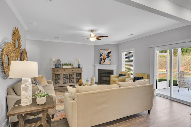 1034 Silverbend Trl, Duncan, SC 29334 - living area featuring a glass covered fireplace, wood finished floors, a ceiling fan, and ornamental molding
