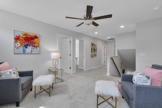 1034 Silverbend Trl, Duncan, SC 29334 - living area with a ceiling fan, light carpet, attic access, and recessed lighting