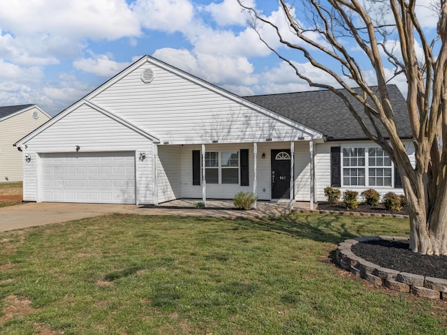 461 Candleglow Dr, Boiling Springs, SC 29316 - view of front of house featuring a garage, concrete driveway, a porch, a front yard, and roof with shingles