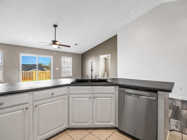 461 Candleglow Dr, Boiling Springs, SC 29316 - kitchen with dishwasher, lofted ceiling, ceiling fan, dark countertops, and white cabinetry
