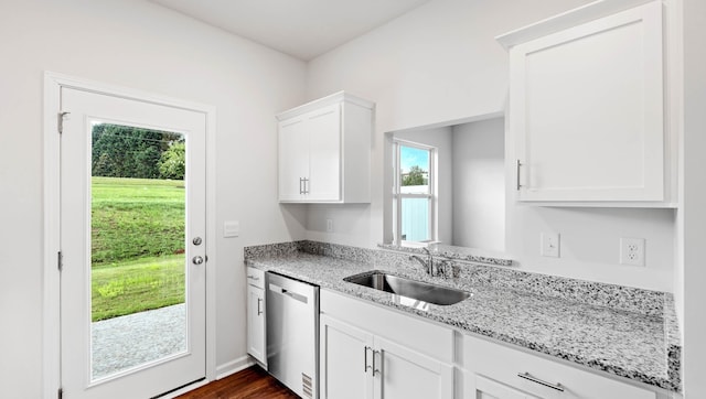 110 Sunriff Ct, Greer, SC 29651 - kitchen with dishwasher, light stone counters, white cabinets, and dark wood finished floors