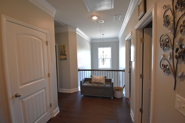 190 Colfax Dr, Boiling Springs, SC 29316 - corridor with attic access, dark wood-style flooring, crown molding, and a chandelier