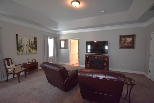 190 Colfax Dr, Boiling Springs, SC 29316 - living room with a tray ceiling, carpet, a fireplace, and crown molding
