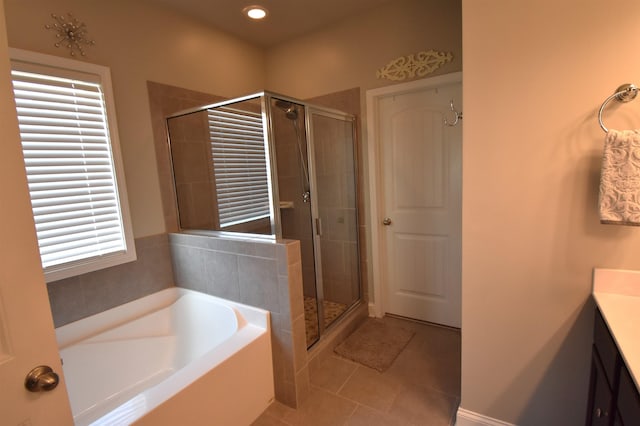 190 Colfax Dr, Boiling Springs, SC 29316 - bathroom featuring vanity, a garden tub, a stall shower, tile patterned floors, and recessed lighting