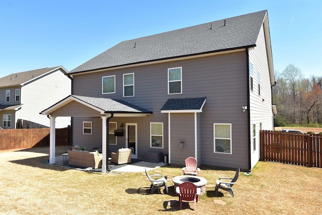 190 Colfax Dr, Boiling Springs, SC 29316 - rear view of house featuring an outdoor living space with a fire pit, a fenced backyard, a patio area, and a shingled roof