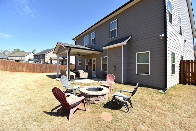 190 Colfax Dr, Boiling Springs, SC 29316 - back of house featuring a fire pit, ceiling fan, a fenced backyard, and a patio area