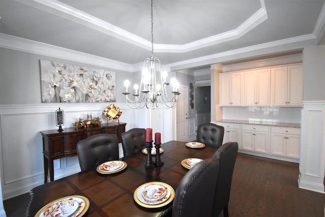 190 Colfax Dr, Boiling Springs, SC 29316 - dining area with a decorative wall, a chandelier, dark wood-style floors, ornamental molding, and a wainscoted wall