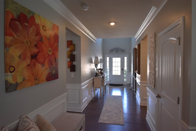 190 Colfax Dr, Boiling Springs, SC 29316 - entrance foyer with crown molding, a decorative wall, a wainscoted wall, and dark wood-style floors