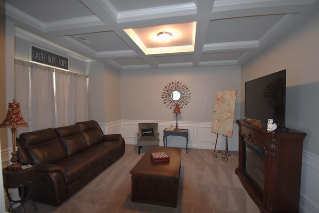 190 Colfax Dr, Boiling Springs, SC 29316 - carpeted living area featuring coffered ceiling, beam ceiling, a wainscoted wall, and a decorative wall