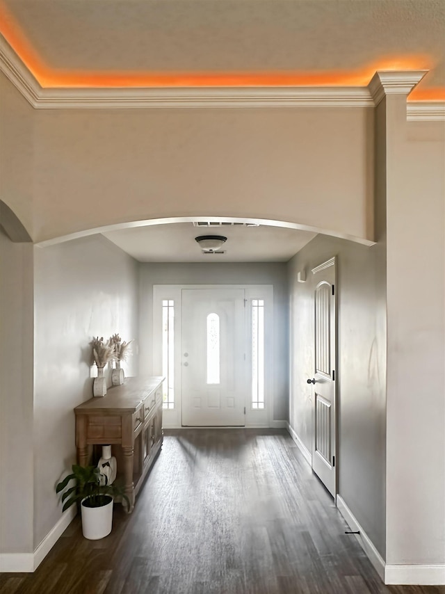739 Shelburne Ln, Lyman, SC 29365 - entrance foyer with dark wood-style flooring and arched walkways