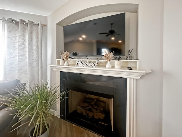 739 Shelburne Ln, Lyman, SC 29365 - detailed view of a ceiling fan, a fireplace, and wood finished floors