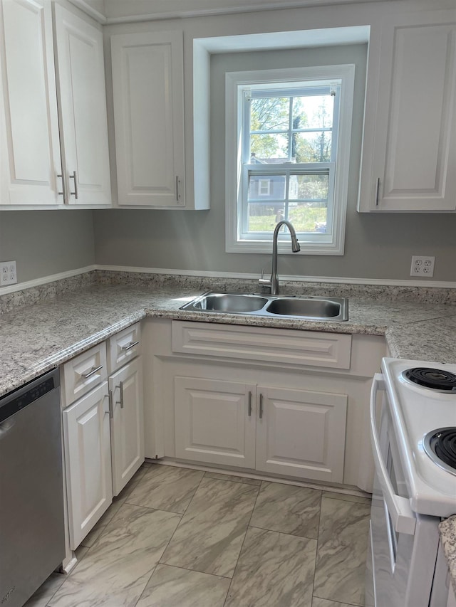 126 White Oak Rd, Spartanburg, SC 29301 - kitchen with dishwasher, white cabinets, electric range, and light marble finish flooring