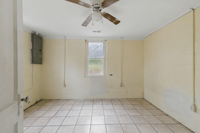 207 Streamside Dr, Chesnee, SC 29323 - spare room featuring electric panel, ceiling fan, concrete block wall, and crown molding