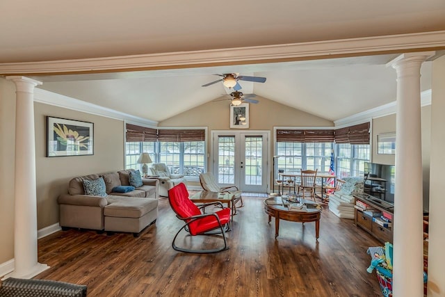 423 Coggins Shore Rd, Inman, SC 29349 - living area with decorative columns, a ceiling fan, wood finished floors, lofted ceiling, and ornamental molding