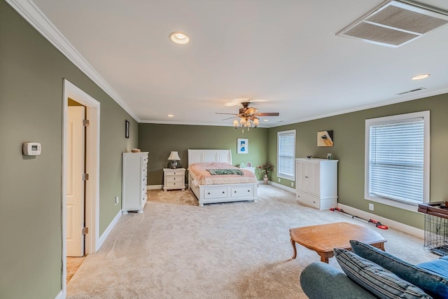 423 Coggins Shore Rd, Inman, SC 29349 - bedroom with ornamental molding, light carpet, recessed lighting, and a ceiling fan