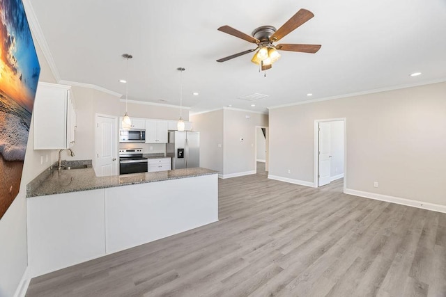 119 N Moore St, Duncan, SC 29334 - kitchen with stainless steel appliances, recessed lighting, stone countertops, white cabinetry, and ornamental molding