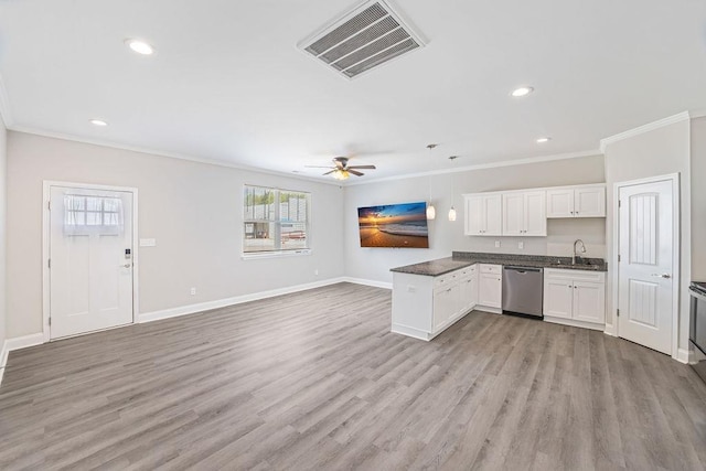 119 N Moore St, Duncan, SC 29334 - kitchen featuring stainless steel dishwasher, crown molding, a peninsula, dark countertops, and a ceiling fan