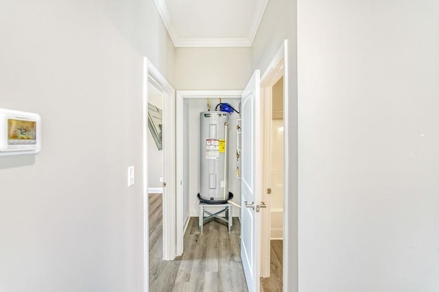 119 N Moore St, Duncan, SC 29334 - hallway with electric water heater, ornamental molding, and light wood finished floors