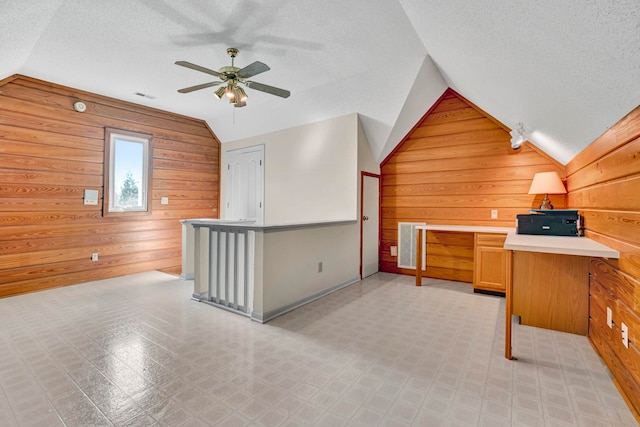 10 Torrey Pines Ct, Spartanburg, SC 29306 - office area featuring vaulted ceiling, wood walls, a textured ceiling, light floors, and a ceiling fan