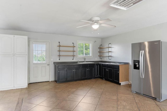 1620 Rainbow Lake Rd, Inman, SC 29349 - kitchen with stainless steel fridge, open shelves, a ceiling fan, dark cabinets, and white cabinetry