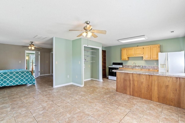 1620 Rainbow Lake Rd, Inman, SC 29349 - kitchen with white appliances, a ceiling fan, open floor plan, and light stone countertops