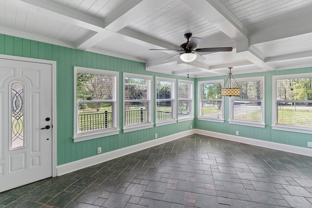 1620 Rainbow Lake Rd, Inman, SC 29349 - unfurnished sunroom featuring beam ceiling, healthy amount of natural light, coffered ceiling, stone finish flooring, and wood walls