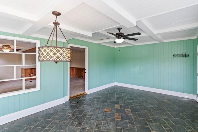 1620 Rainbow Lake Rd, Inman, SC 29349 - empty room featuring ceiling fan, stone finish floors, wood walls, beamed ceiling, and coffered ceiling