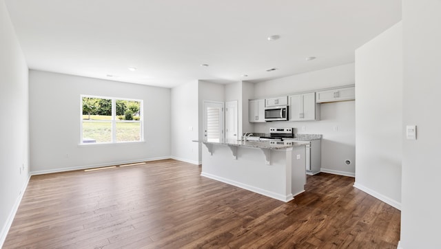 108 Sunriff Ct, Greer, SC 29651 - kitchen with stainless steel microwave, range with electric cooktop, light stone countertops, a breakfast bar, and a center island with sink