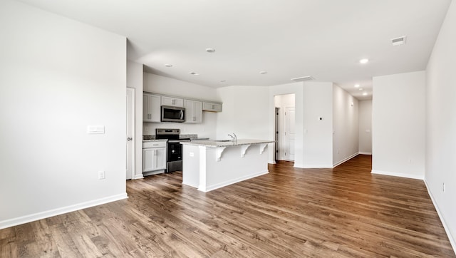 108 Sunriff Ct, Greer, SC 29651 - kitchen featuring appliances with stainless steel finishes, wood finished floors, recessed lighting, a breakfast bar area, and an island with sink
