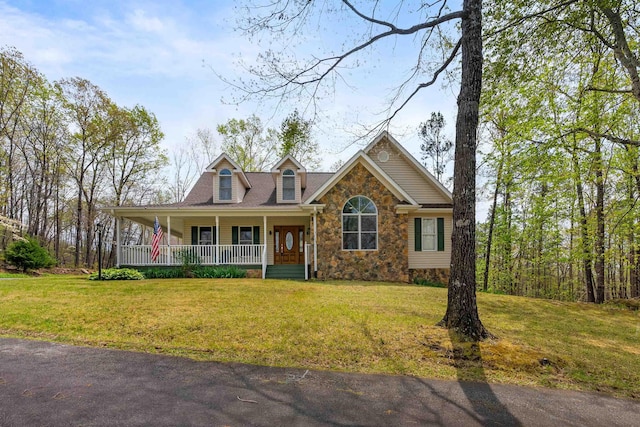 116 Dorothy Ln, Pickens, SC 29671 - view of front of home featuring covered porch, stone siding, and a front yard