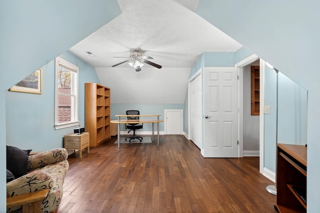 116 Dorothy Ln, Pickens, SC 29671 - office area with dark wood-style floors, a ceiling fan, and lofted ceiling