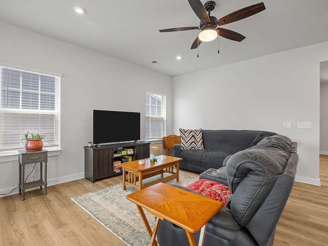 1848 Sourwood Dr, Woodruff, SC 29388 - living room with light wood finished floors, ceiling fan, and recessed lighting