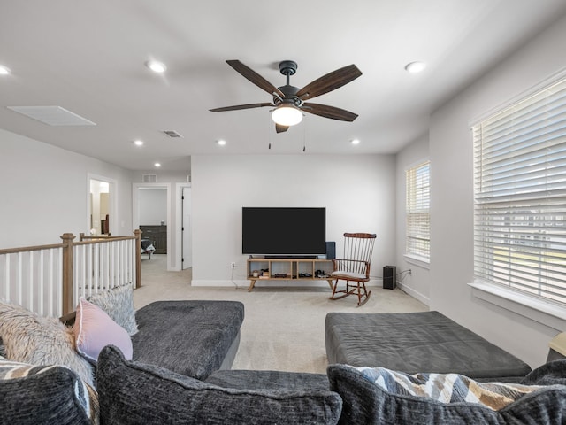 1848 Sourwood Dr, Woodruff, SC 29388 - living room with light carpet, ceiling fan, and recessed lighting