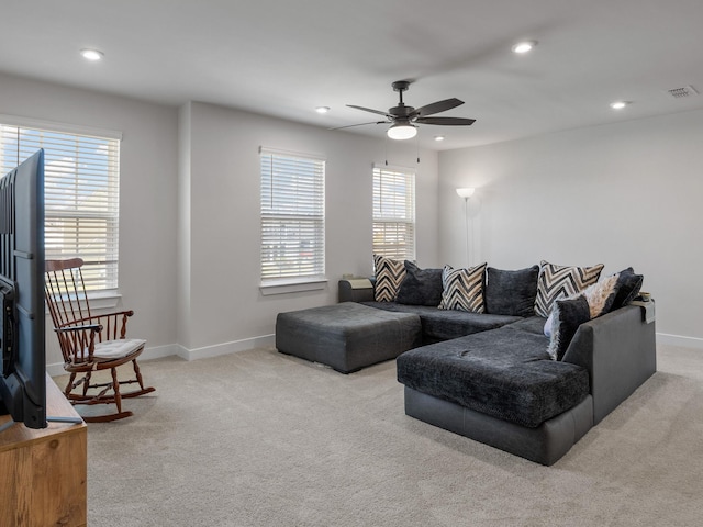 1848 Sourwood Dr, Woodruff, SC 29388 - carpeted living area with ceiling fan, plenty of natural light, and recessed lighting