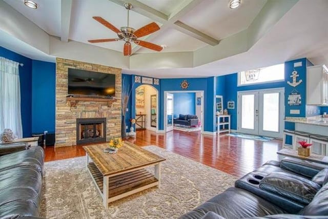 217 Aqua Cove Ct, Inman, SC 29349 - living area with coffered ceiling, french doors, ceiling fan, wood finished floors, and beam ceiling
