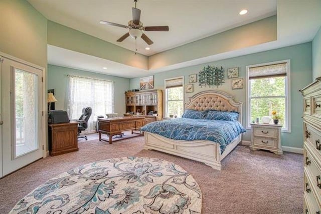 217 Aqua Cove Ct, Inman, SC 29349 - bedroom with light colored carpet, a desk, access to exterior, a tray ceiling, and recessed lighting