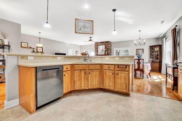 204 Lord Byron Ln, Travelers Rest, SC 29690 - kitchen featuring stainless steel dishwasher, light countertops, hanging light fixtures, a chandelier, and ceiling fan