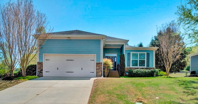 204 Lord Byron Ln, Travelers Rest, SC 29690 - view of front of property with stone siding, a front yard, a garage, and concrete driveway
