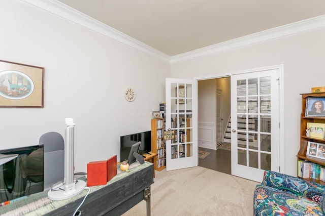 5 Yellow Fox Rd, Greer, SC 29650 - office area featuring french doors, crown molding, and carpet flooring