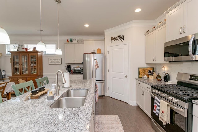 5 Yellow Fox Rd, Greer, SC 29650 - kitchen with appliances with stainless steel finishes, decorative light fixtures, white cabinetry, crown molding, and wood finished floors
