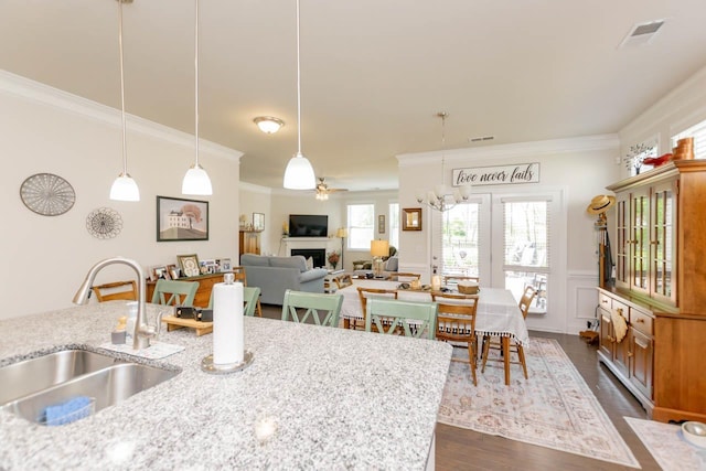 5 Yellow Fox Rd, Greer, SC 29650 - kitchen featuring crown molding, a fireplace, dark wood finished floors, light stone countertops, and decorative light fixtures
