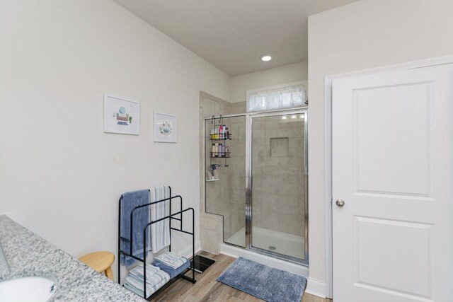 5 Yellow Fox Rd, Greer, SC 29650 - full bathroom with a shower stall, wood finished floors, vanity, and recessed lighting