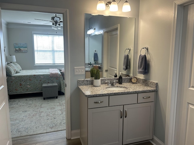 5 Yellow Fox Rd, Greer, SC 29650 - bathroom featuring vanity, ensuite bathroom, a ceiling fan, wood finished floors, and ornamental molding