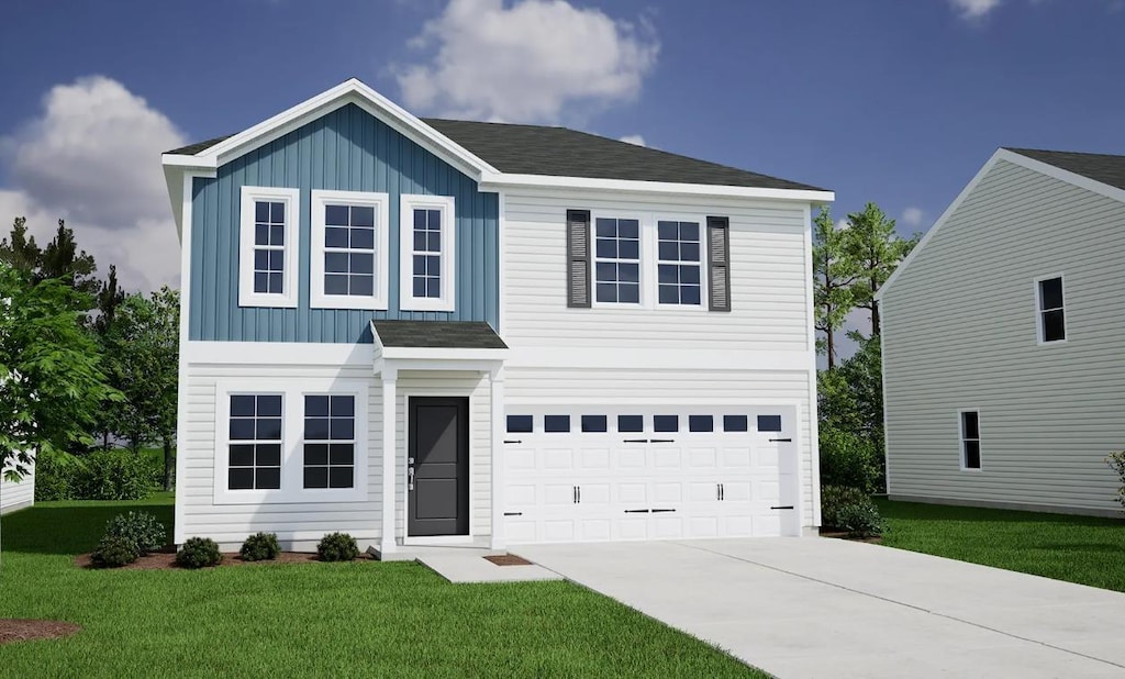 348 Prosperity Dr, Moore, SC 29369 - traditional home featuring concrete driveway, a front yard, a garage, and board and batten siding