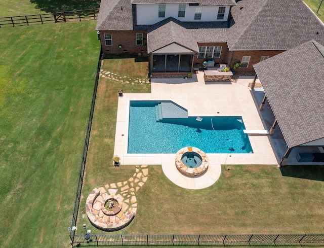 865 Westmoreland Rd, Greer, SC 29651 - view of pool featuring a patio area, a fenced backyard, a pool with connected hot tub, and a sunroom