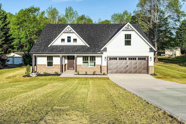 7 Campbell Mill Rd, Traveleres Rest, SC 29690 - modern farmhouse style home with concrete driveway, brick siding, a garage, a front yard, and a shingled roof