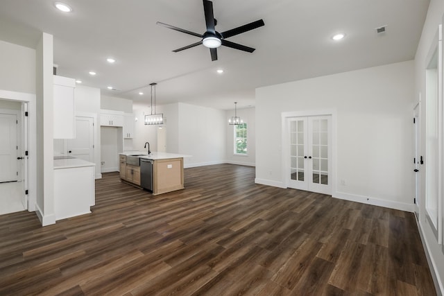 7 Campbell Mill Rd, Traveleres Rest, SC 29690 - kitchen featuring dishwasher, open floor plan, light countertops, dark wood-style floors, and ceiling fan