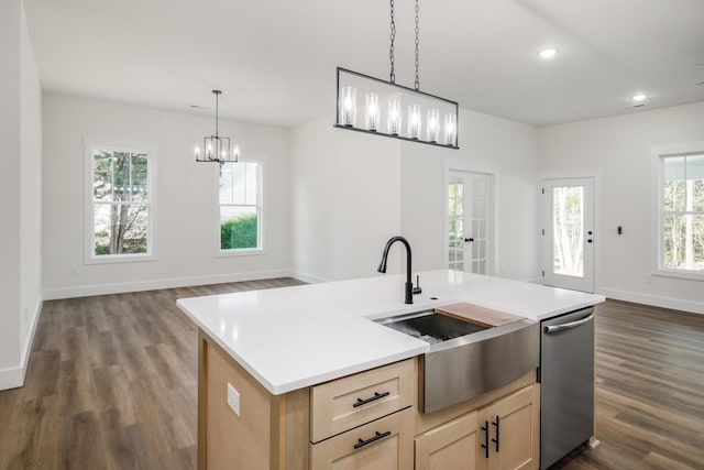 7 Campbell Mill Rd, Traveleres Rest, SC 29690 - kitchen featuring stainless steel dishwasher, a chandelier, dark wood-style flooring, light countertops, and open floor plan