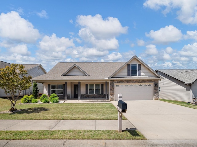 311 Hayfield Ct, Boiling Springs, SC 29316 - view of front facade featuring driveway, a front yard, a shingled roof, stone siding, and a porch